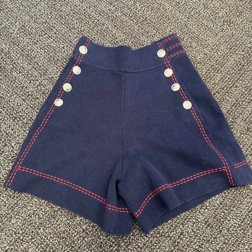 Maje Women's Blue Isla High Waist Button Cotton Knit Shorts Size 34